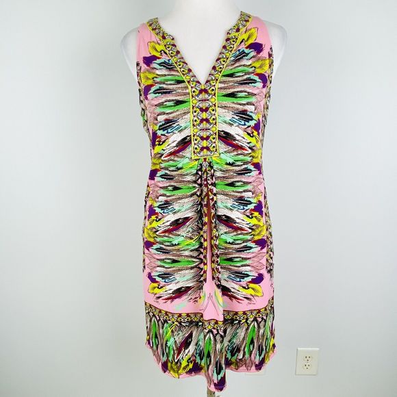 Hale Bob Pink Feather Print Dress Women Small Sleeveless Shift V-Neck Cinched - Picture 1 of 9